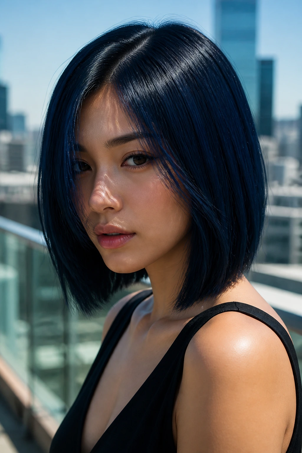 Portrait of a person with blue-black sleek lob in natural daylight