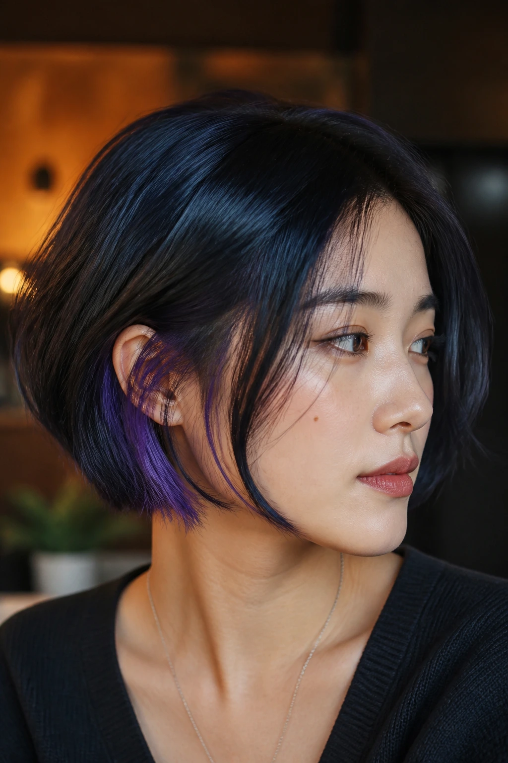 Close-up of a real woman's blue-black hair with hidden violet panels behind the ears