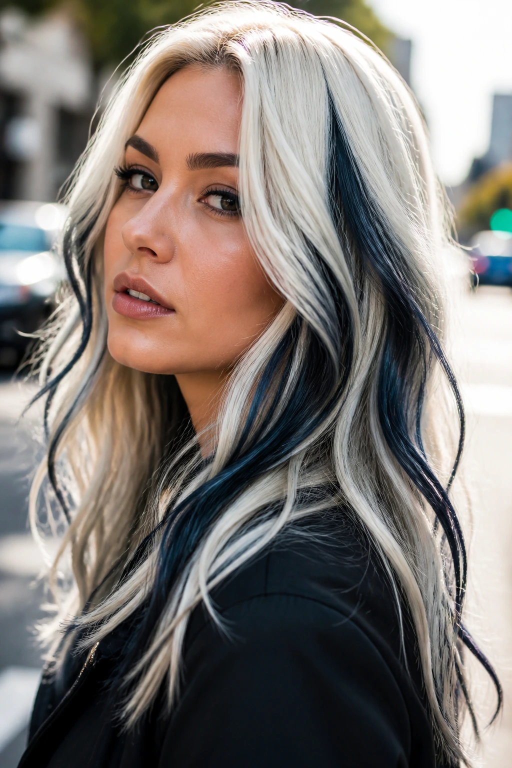Close-up portrait of platinum hair with blue-black lowlights for high contrast.