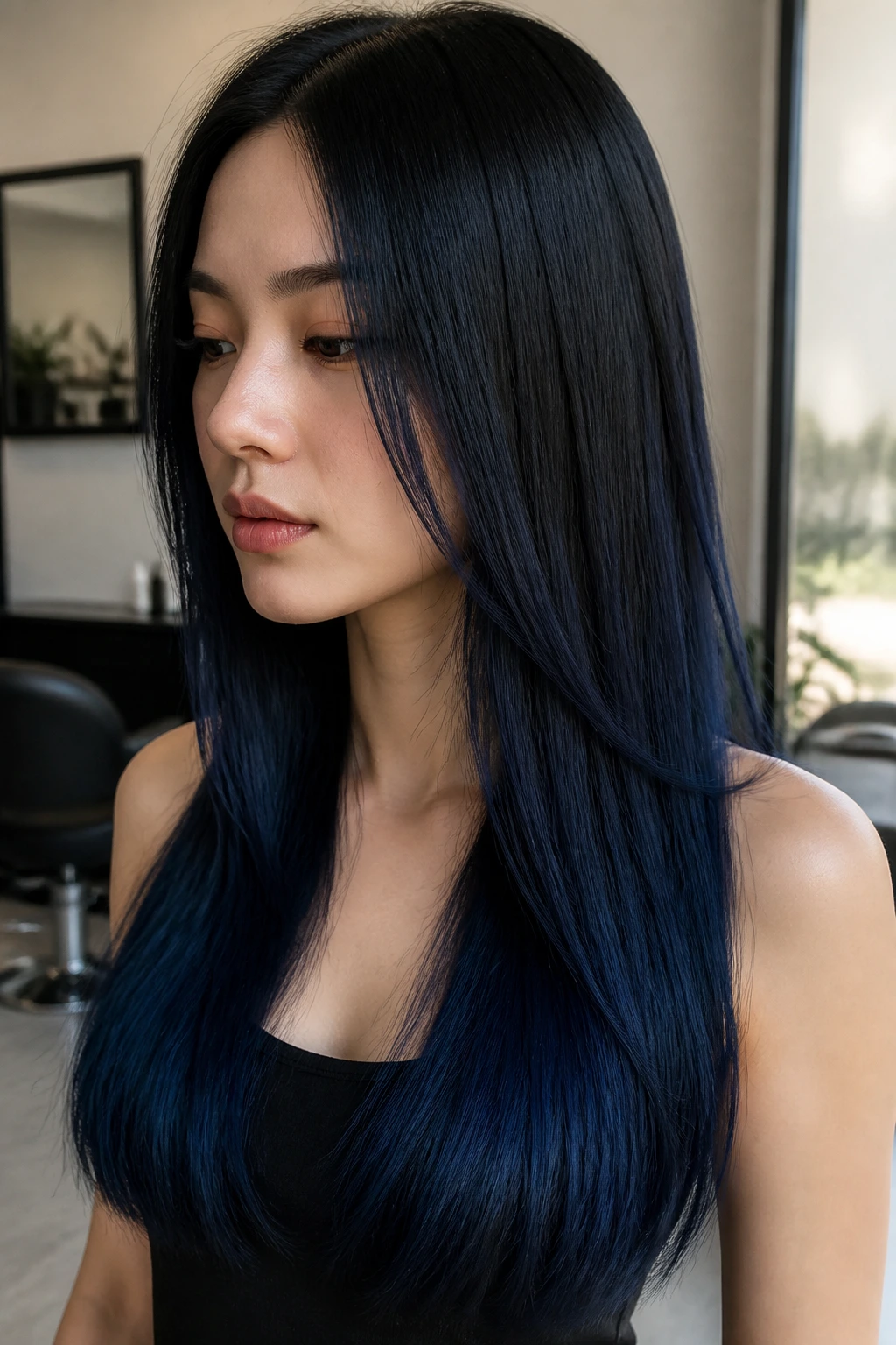Close-up of a real woman's blue-black to midnight navy ombre hair, glossy straight finish