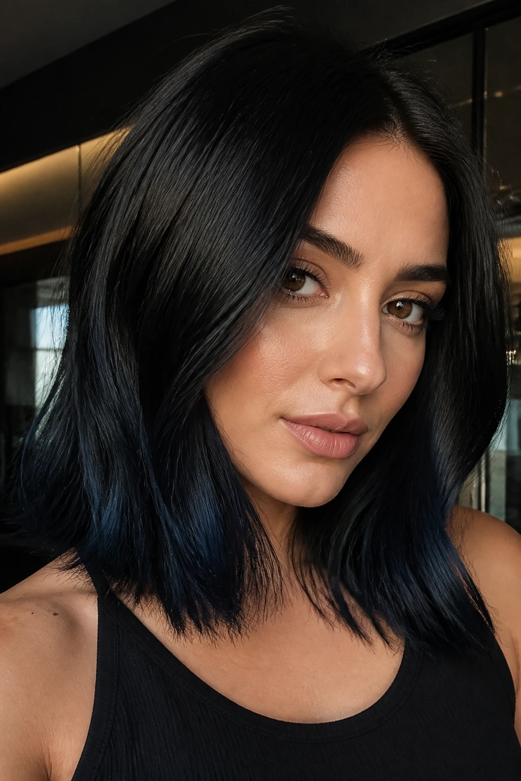 Portrait of hair transitioning from dark roots to blue-black ends on a medium-length lob