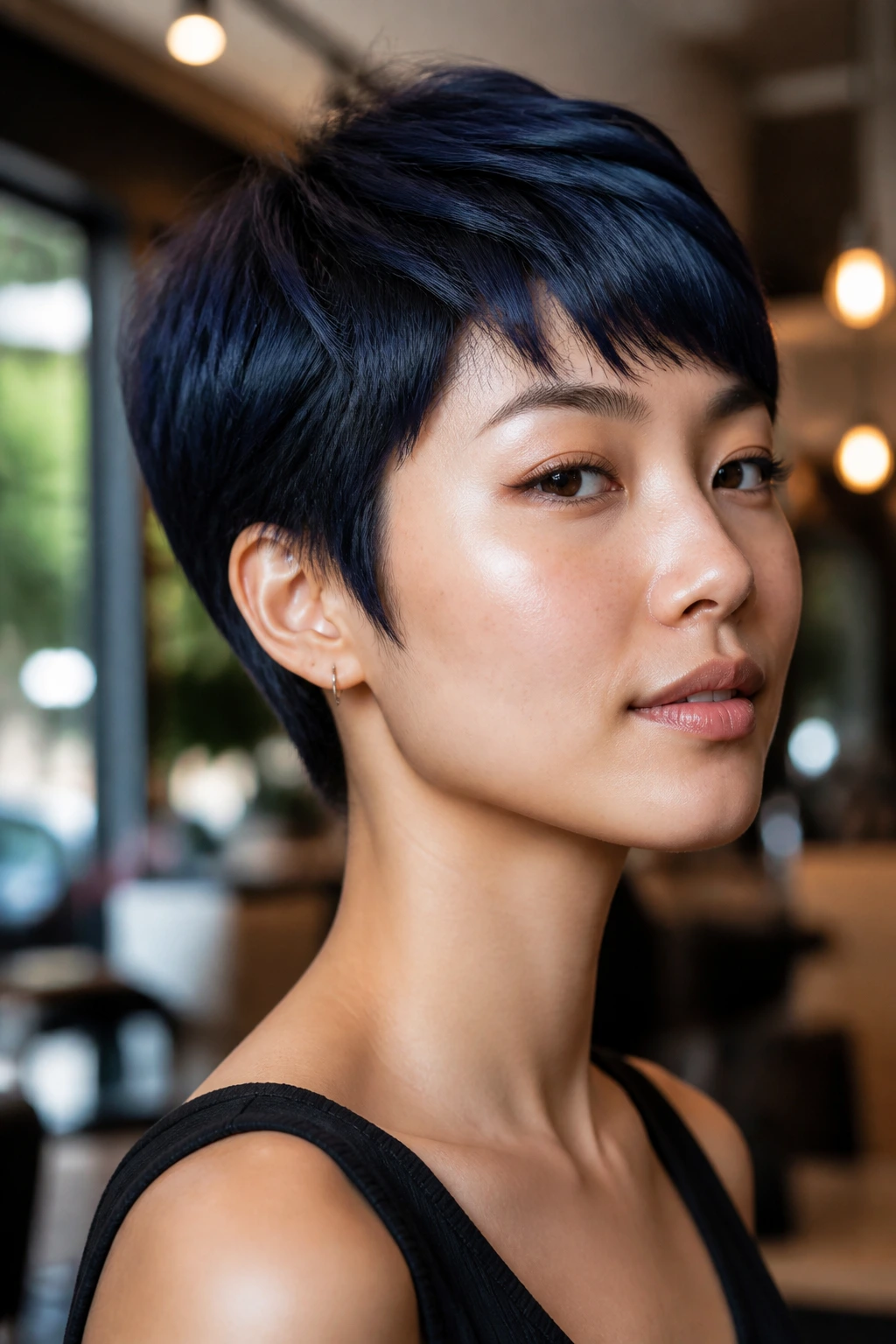 Close-up portrait of a real woman with a blue-black glossy pixie.