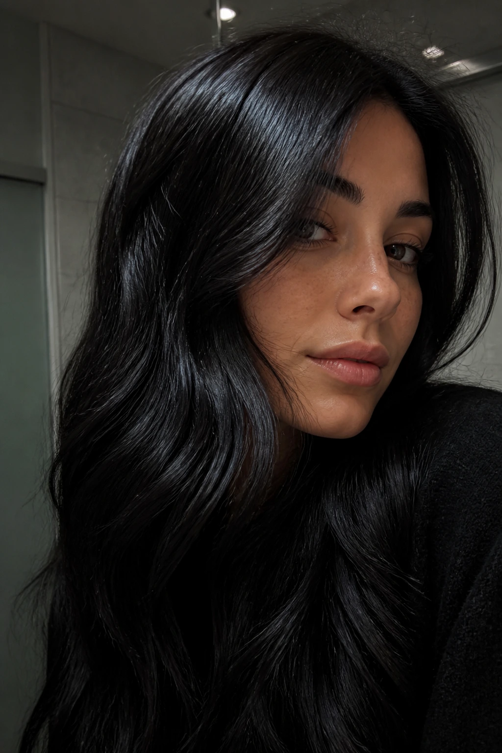 Blue-black hair with rich shine under dim lighting on a real person