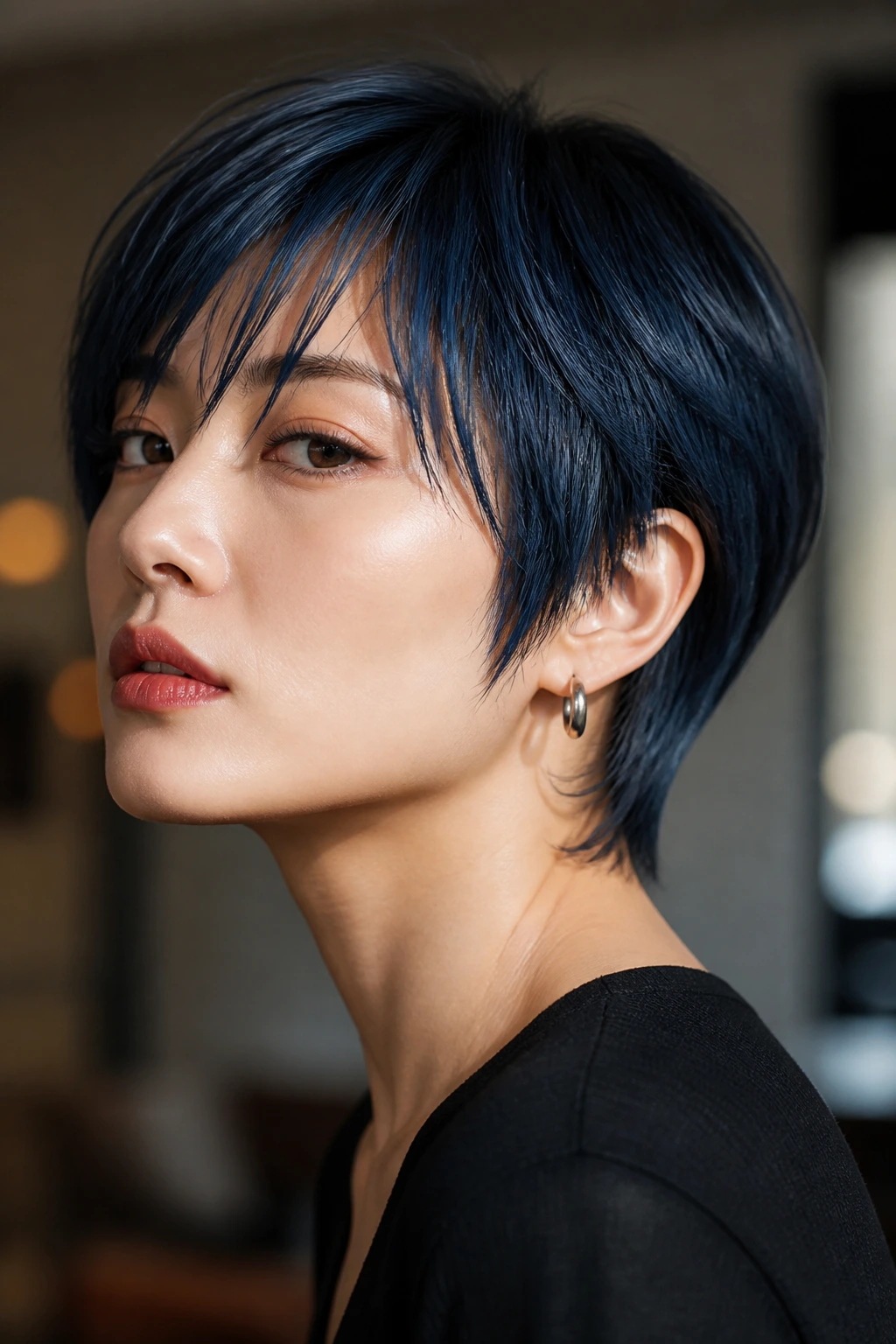 Portrait of woman with sharp short haircut in blue-black shade