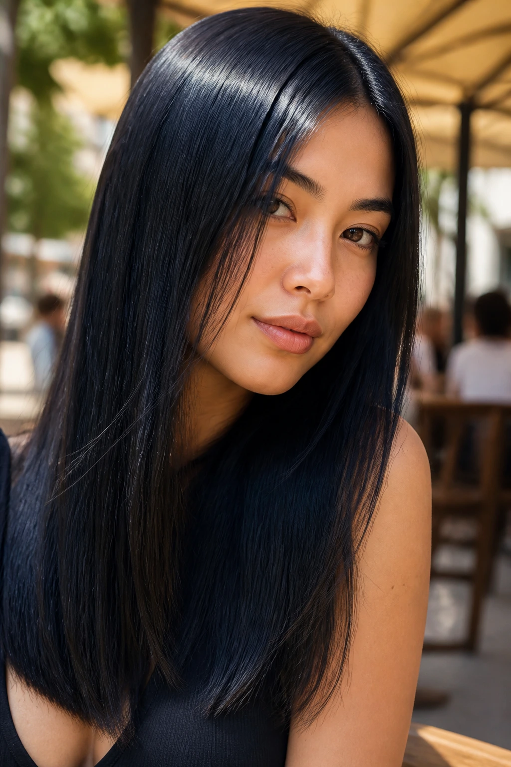 Close-up of real woman with straight hair showing clean blue-black shade