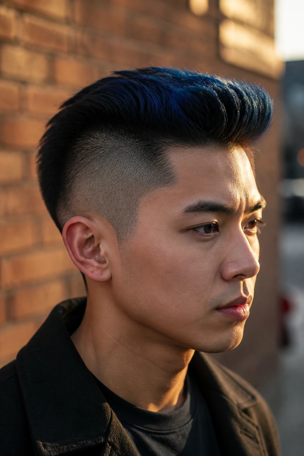 Close-up of real man with blue-black undercut under golden hour light