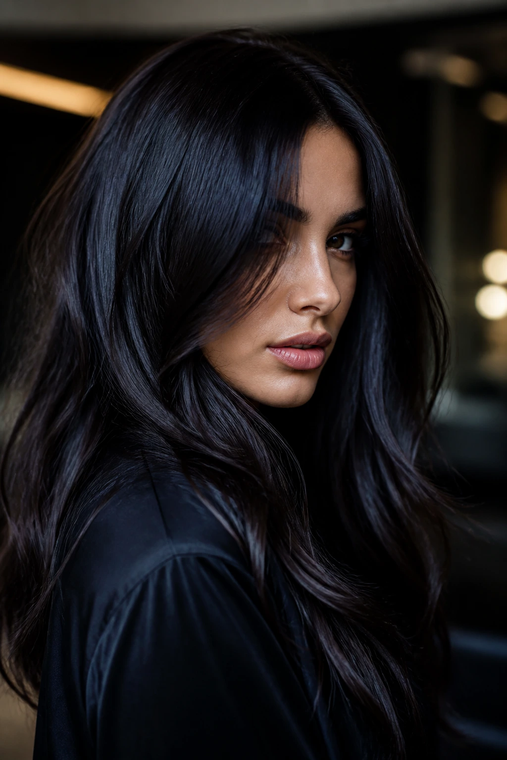 Close-up portrait of a real woman with blue-black velvet chocolate hair and high gloss.