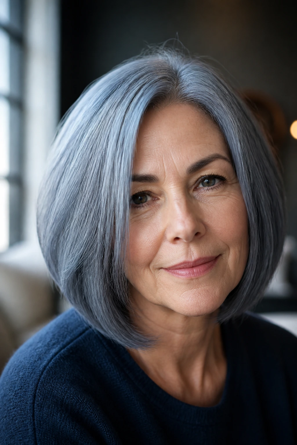 Close-up portrait of a real woman with a blue-gray bob, cool architectural cut and window light
