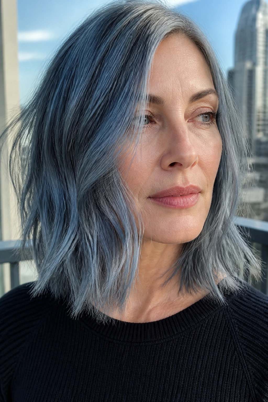 Portrait of a real woman with shoulder-length blue-gray metallic hair