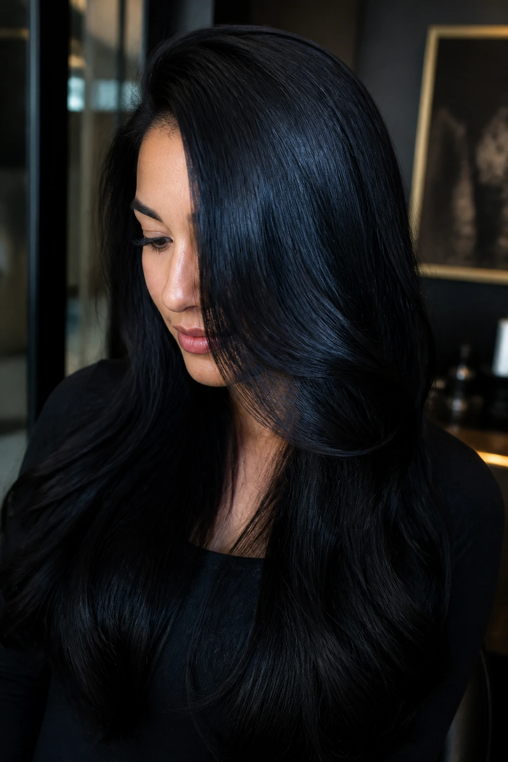 Portrait of a woman with jet black hair and blue sheen