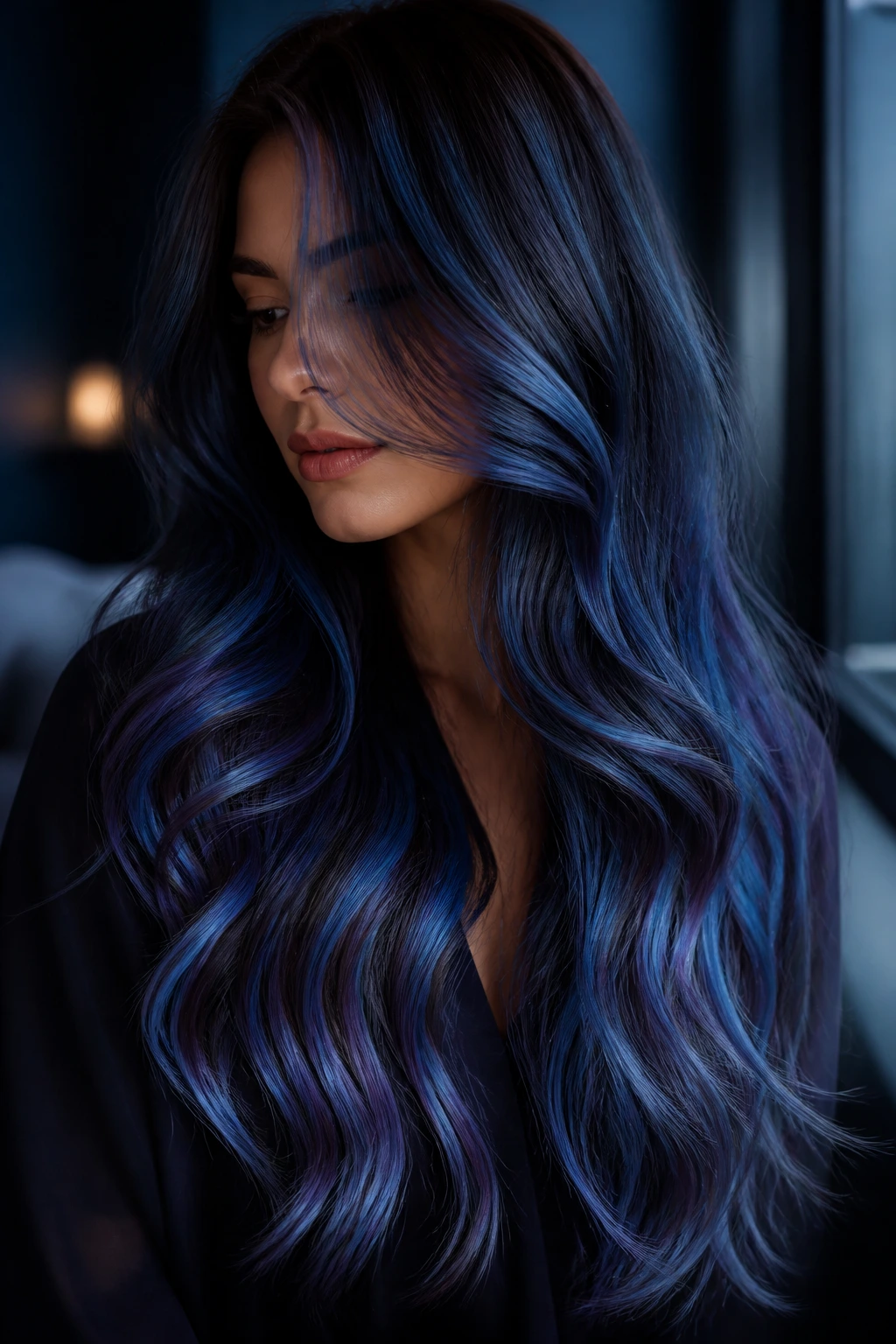 Close-up of a real woman with long navy to indigo blueberry balayage and silver sparkle ends