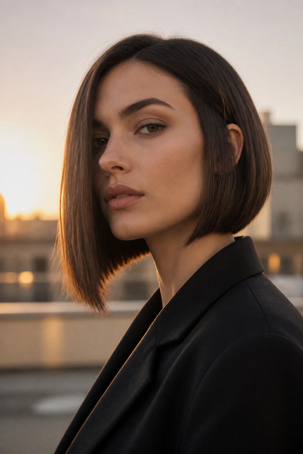 Close-up of a woman with a blunt A-line bob showing a crisp edge.