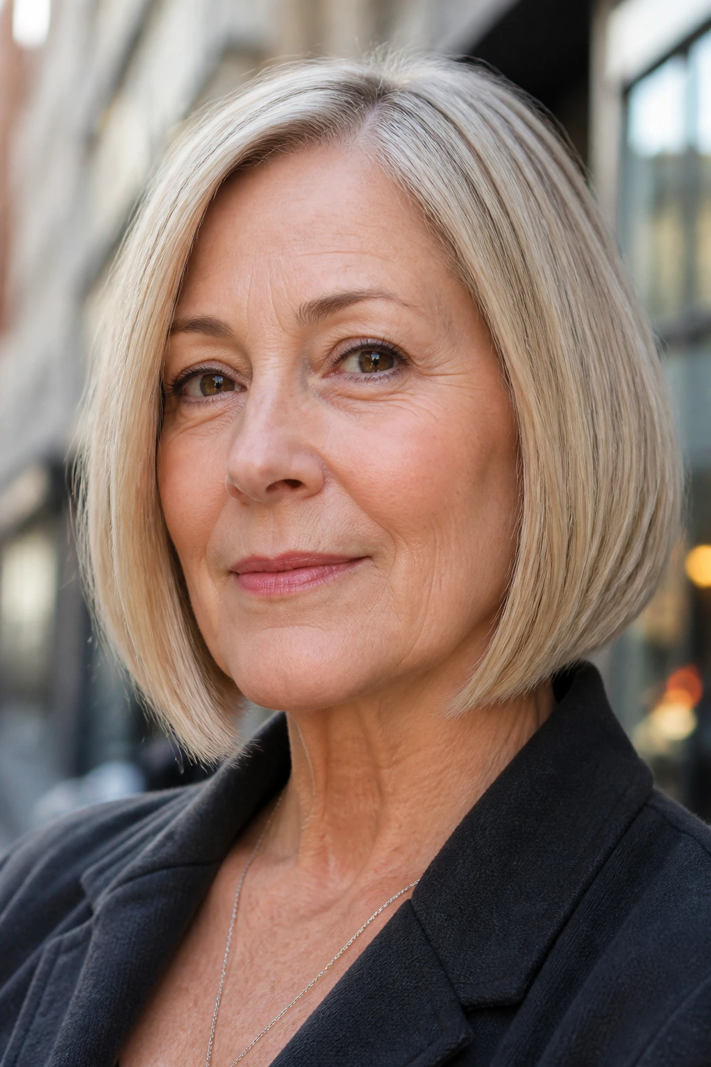 Close-up portrait of a woman with a blunt angled bob and a clean perimeter in urban daylight