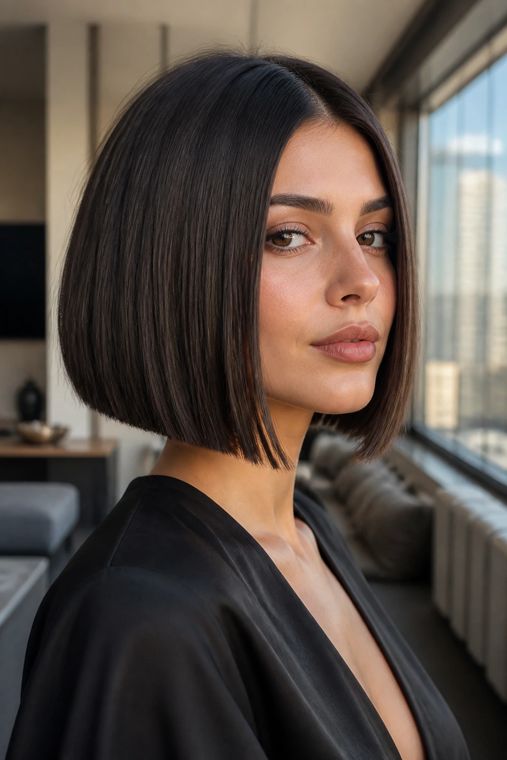 Portrait of a real person with blunt angled bob showing crisp edges and a centered part