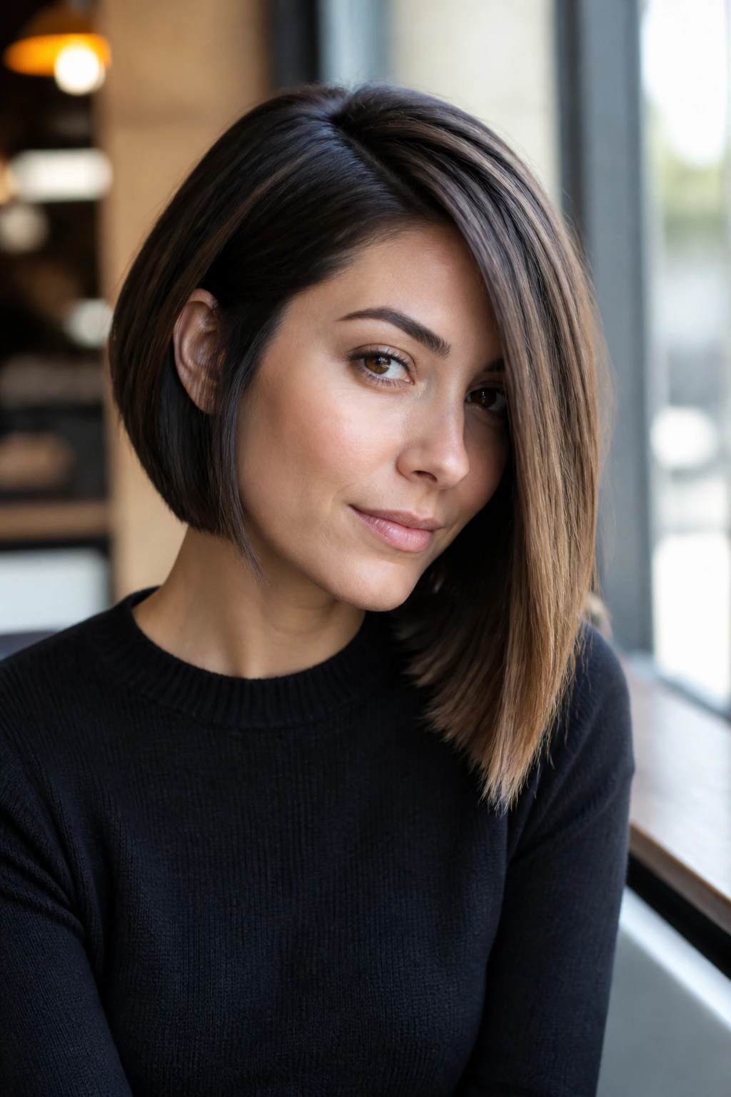 Portrait of a woman with blunt edge asymmetrical bob showing a strong, clean line.