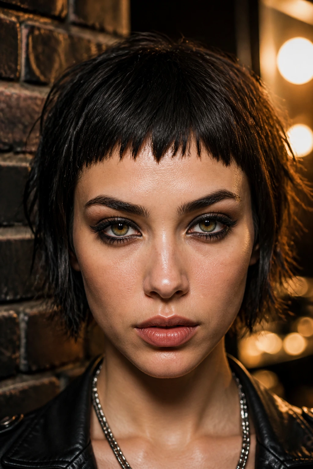 Portrait of woman with blunt baby bangs and gritty edge