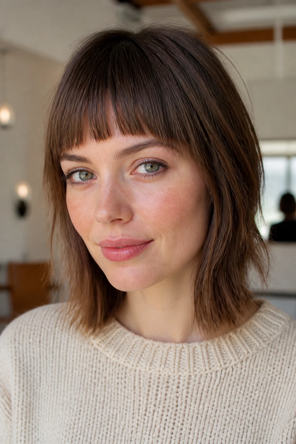 Close-up of real person with textured blunt bangs and choppy ends