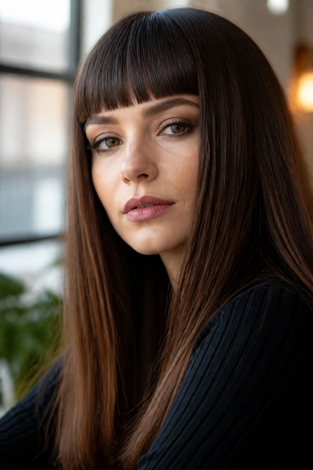 Real woman with bold blunt bangs and long hair