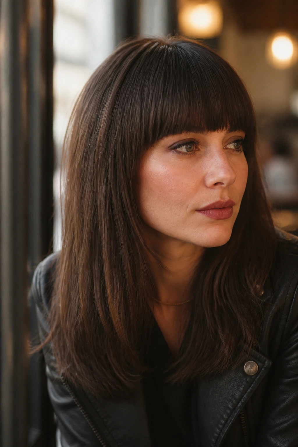 Real woman with blunt bangs at a cafe window