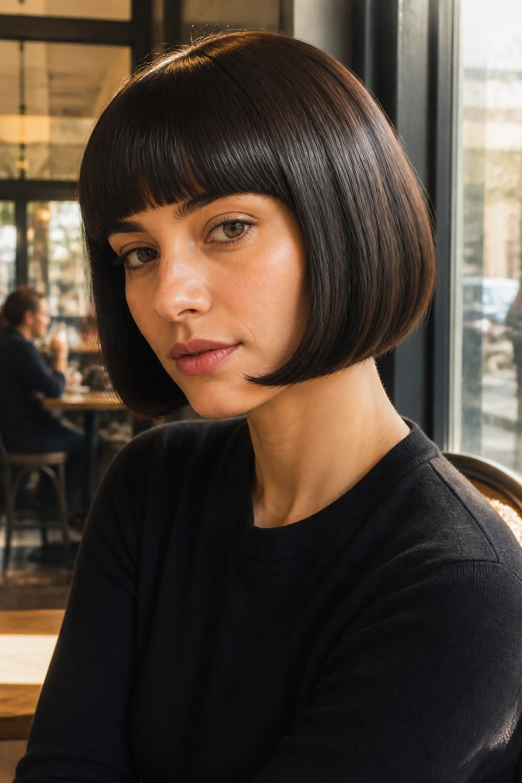 Close-up of a real woman with blunt bangs and glossy pageboy