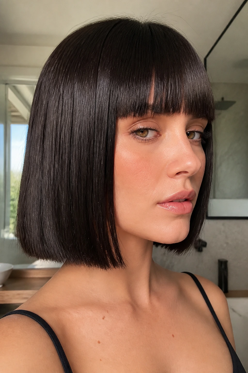 Close-up of woman with glass-hair lob and blunt bangs
