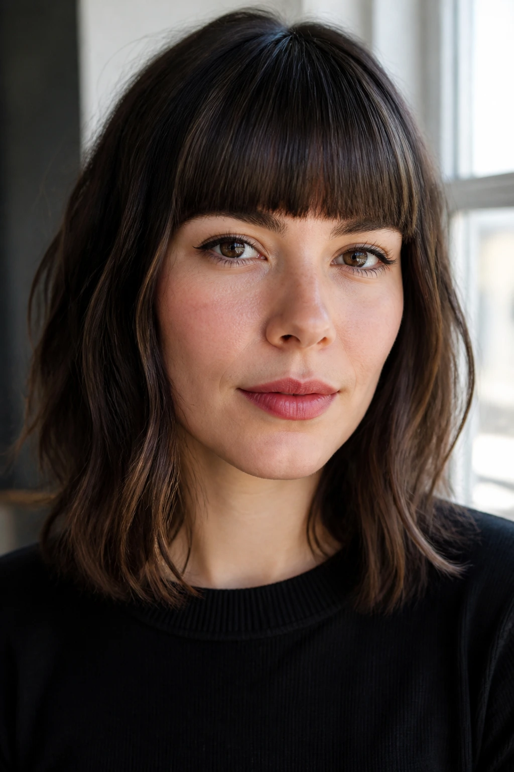 Real woman with blunt bangs at the brows in natural light.