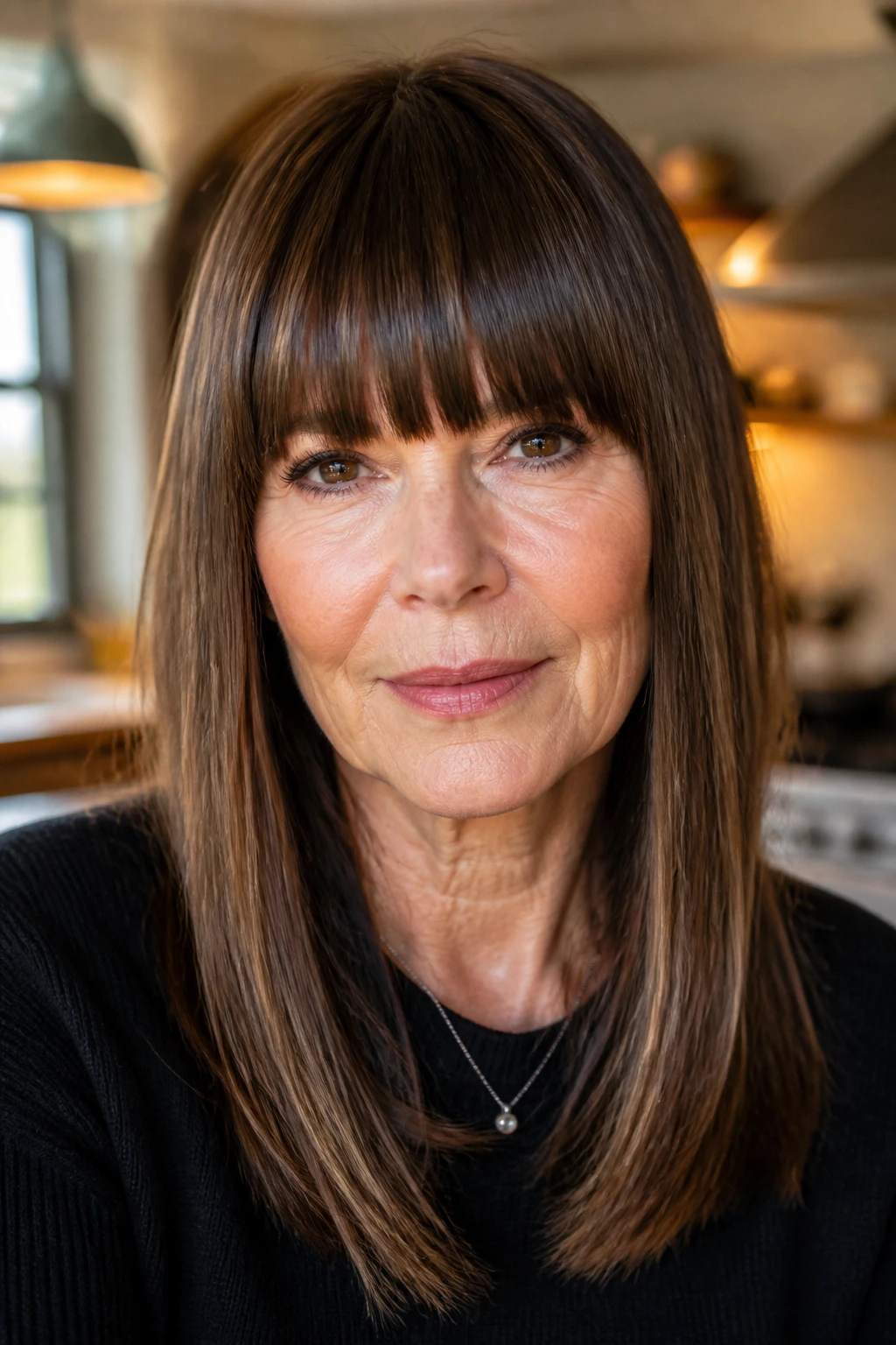Woman with full blunt bangs across the forehead in warm indoor lighting