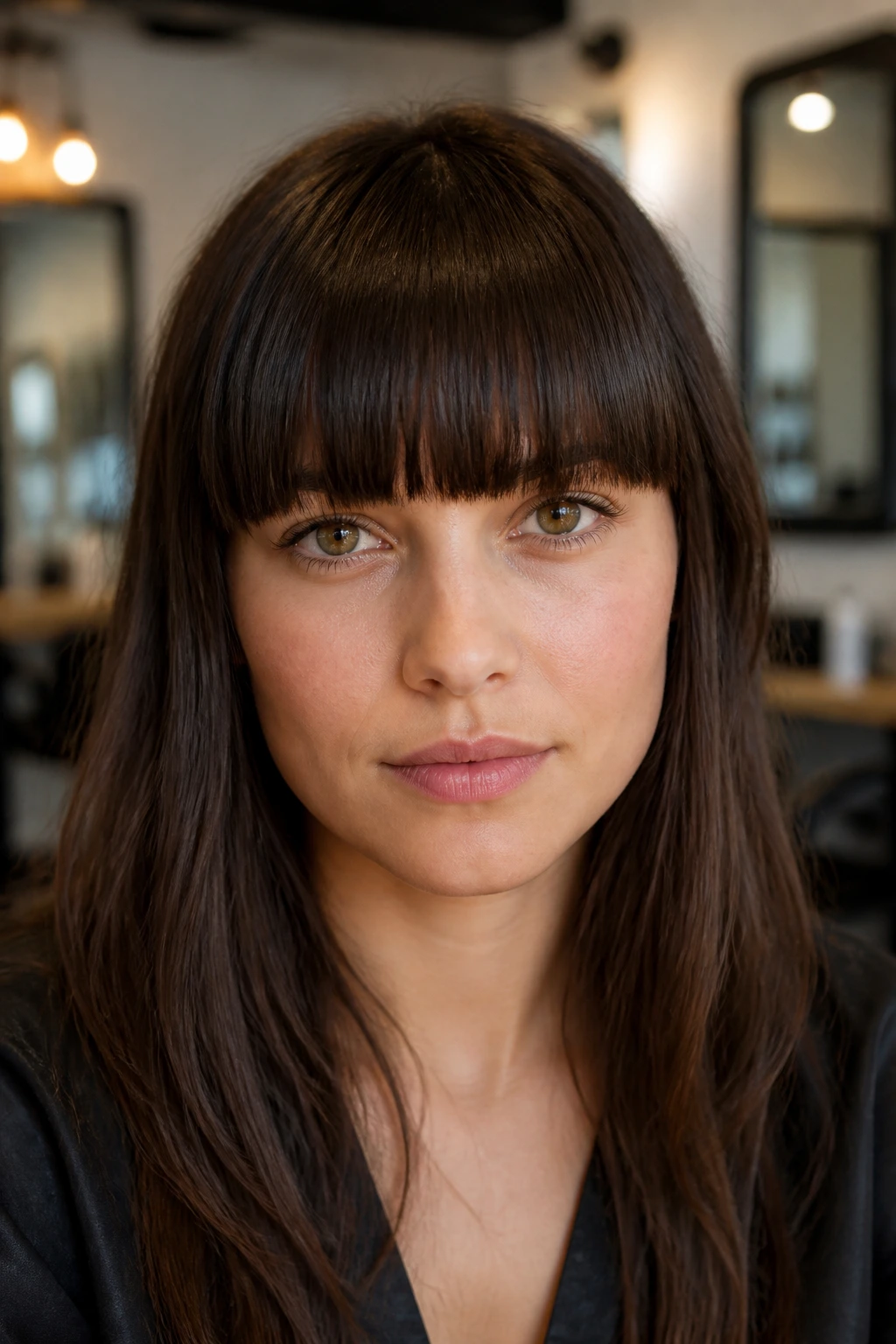 Close-up portrait showing blunt bangs in a salon setting