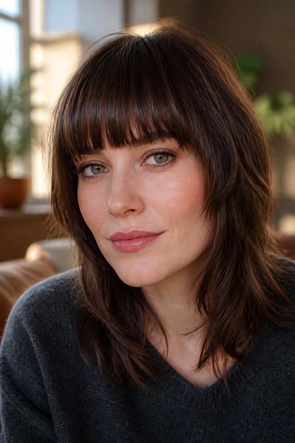 Close-up of a real woman with blunt bangs and shaggy layers in warm window light