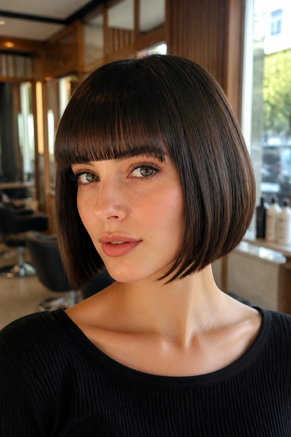 Close-up of a real woman with blunt brow-grazing bangs on a sleek bob in a warm salon.