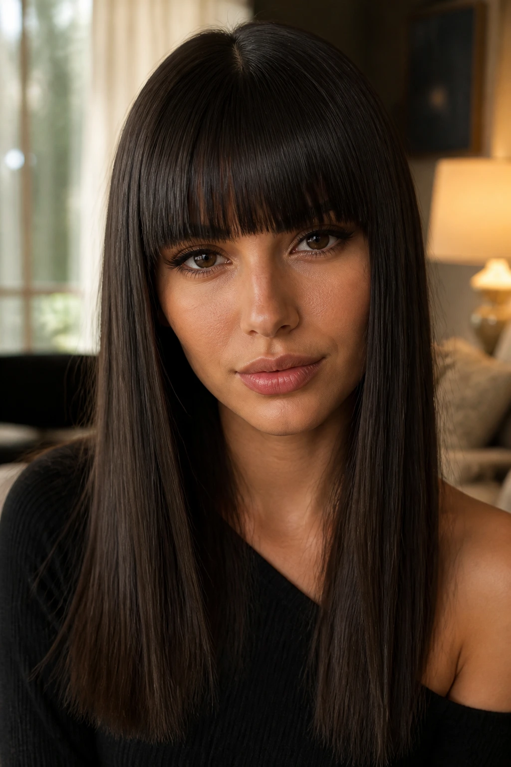 Portrait of a woman with straight hair and blunt bangs