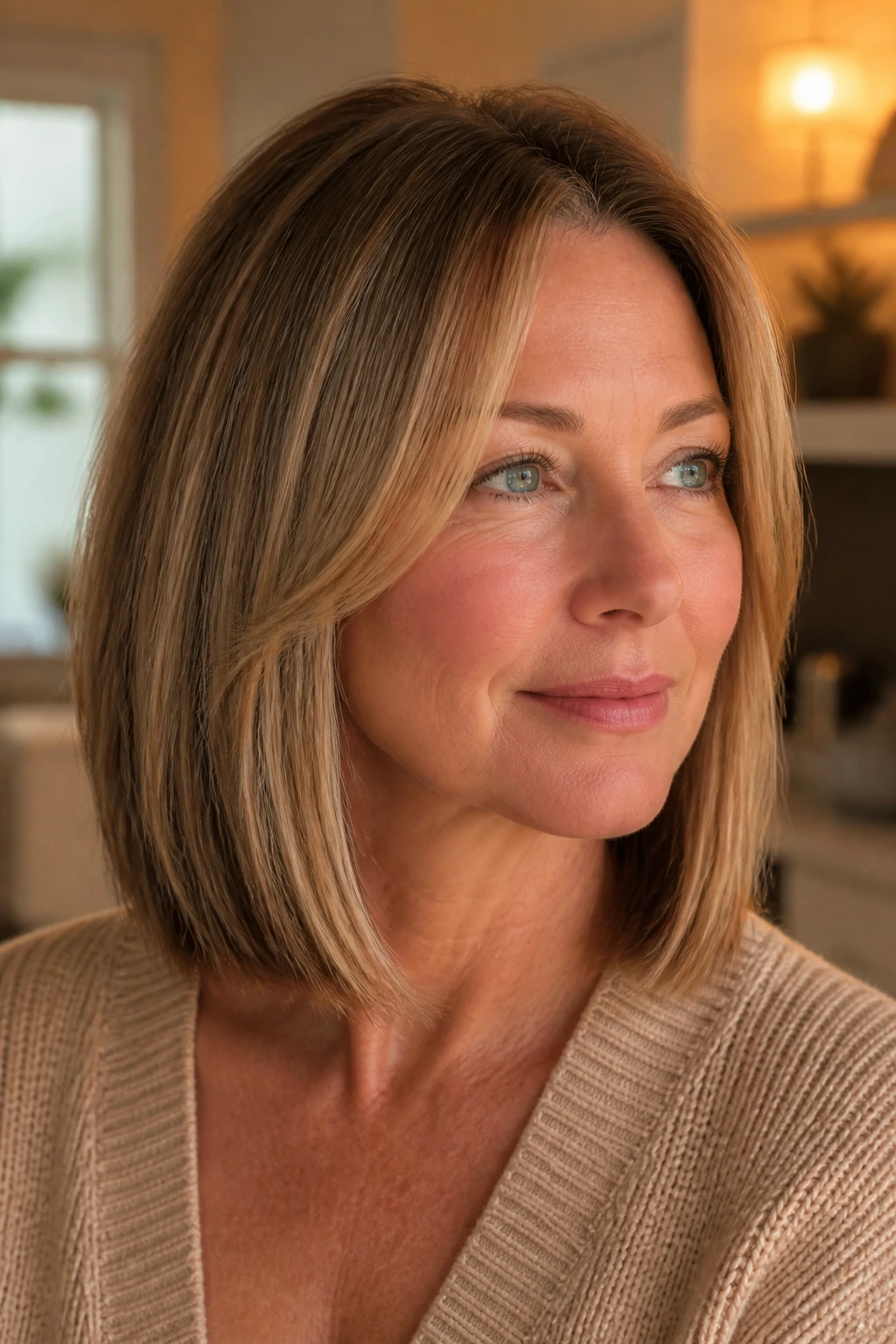 Close-up of a real woman with blunt base and light face-framing pieces