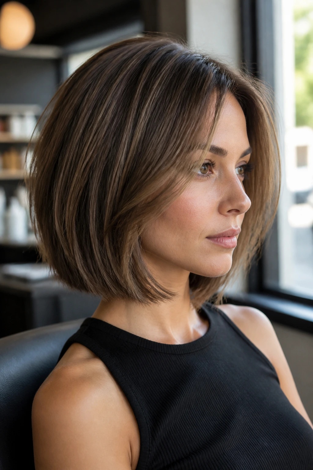 Real woman with blunt-base bob and internal layers in a bright salon setting