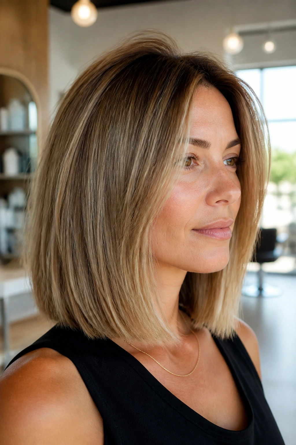 Portrait of a real woman with blunt-base lob and hidden layers lifting crown.