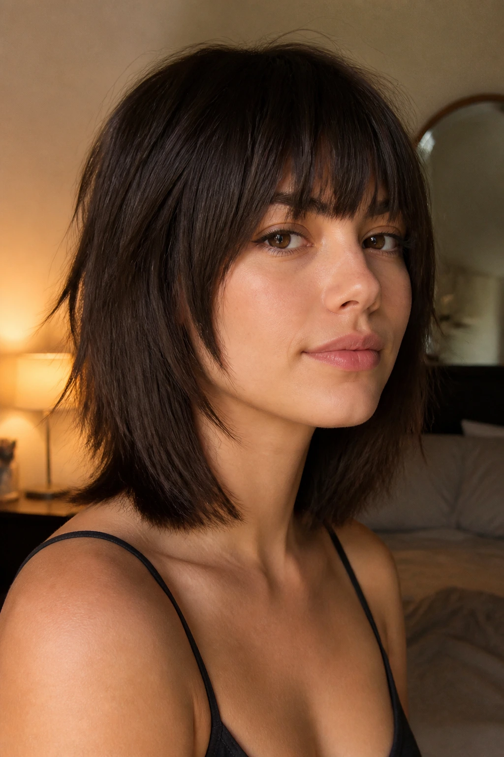 Close-up of a real woman with blunt-base shag showing dense bottom and layered interior