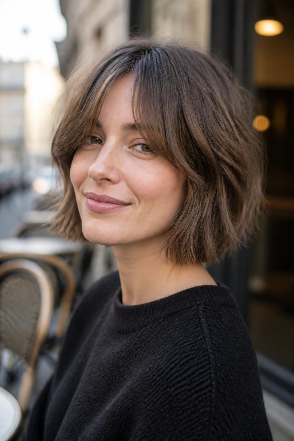 Close-up portrait of a real woman with a blunt-base shag bob