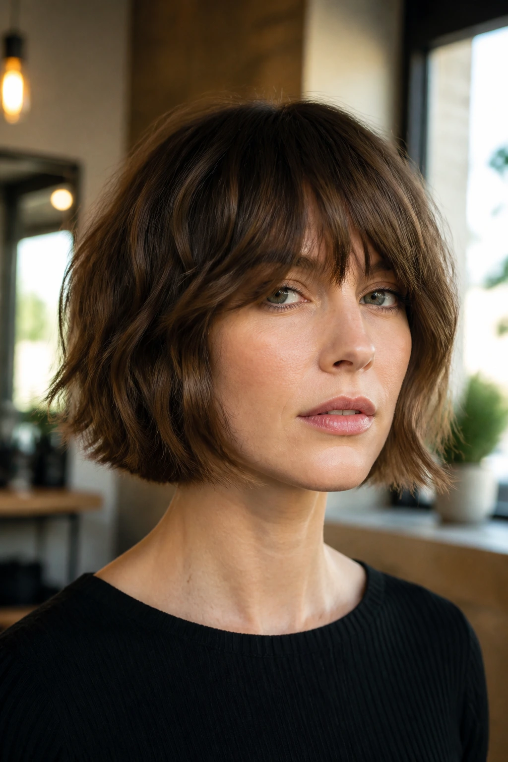 Close-up of a real woman with blunt-base shag bob showing thick perimeter and interior texture in warm salon light