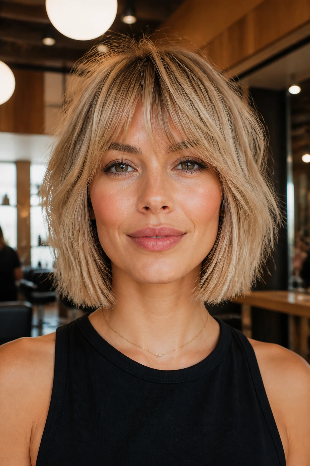 Close-up portrait of a real person with a crisp blunt base and visible interior shag layers