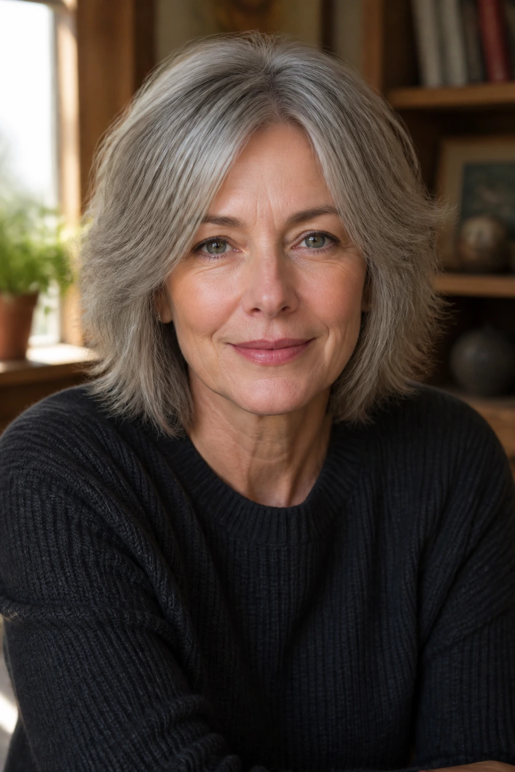 Portrait of real woman with Blunt-Base Soft Layer Shag showing blunt perimeter