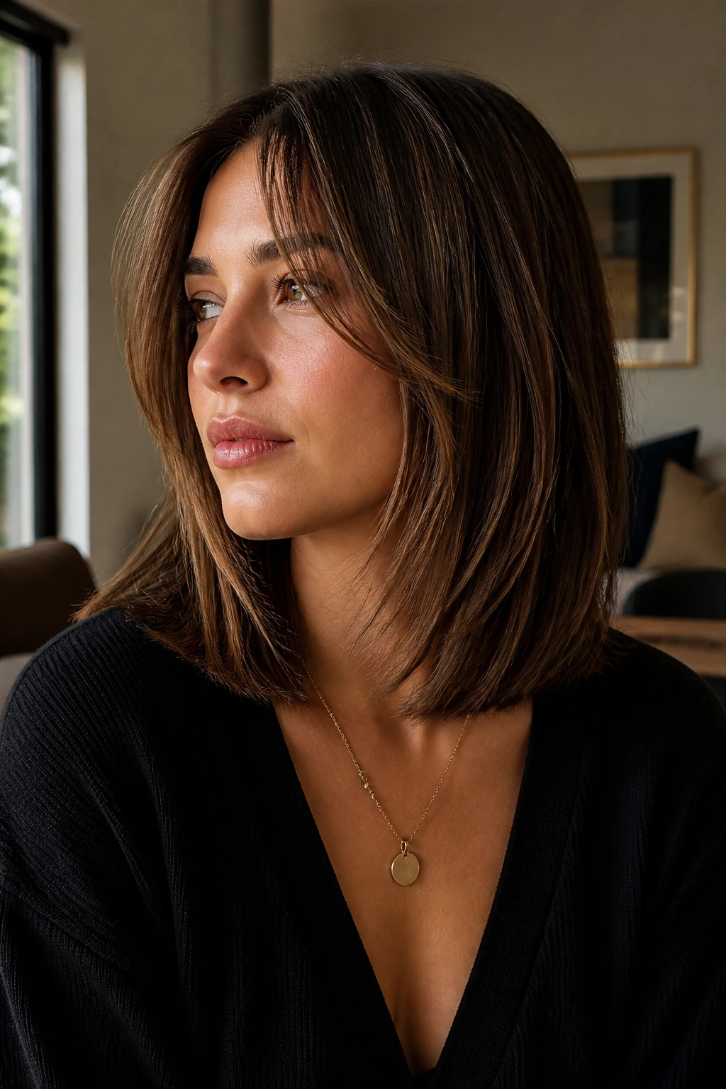 Close-up portrait of a real woman with blunt base and whisper-soft layers in medium-length hair