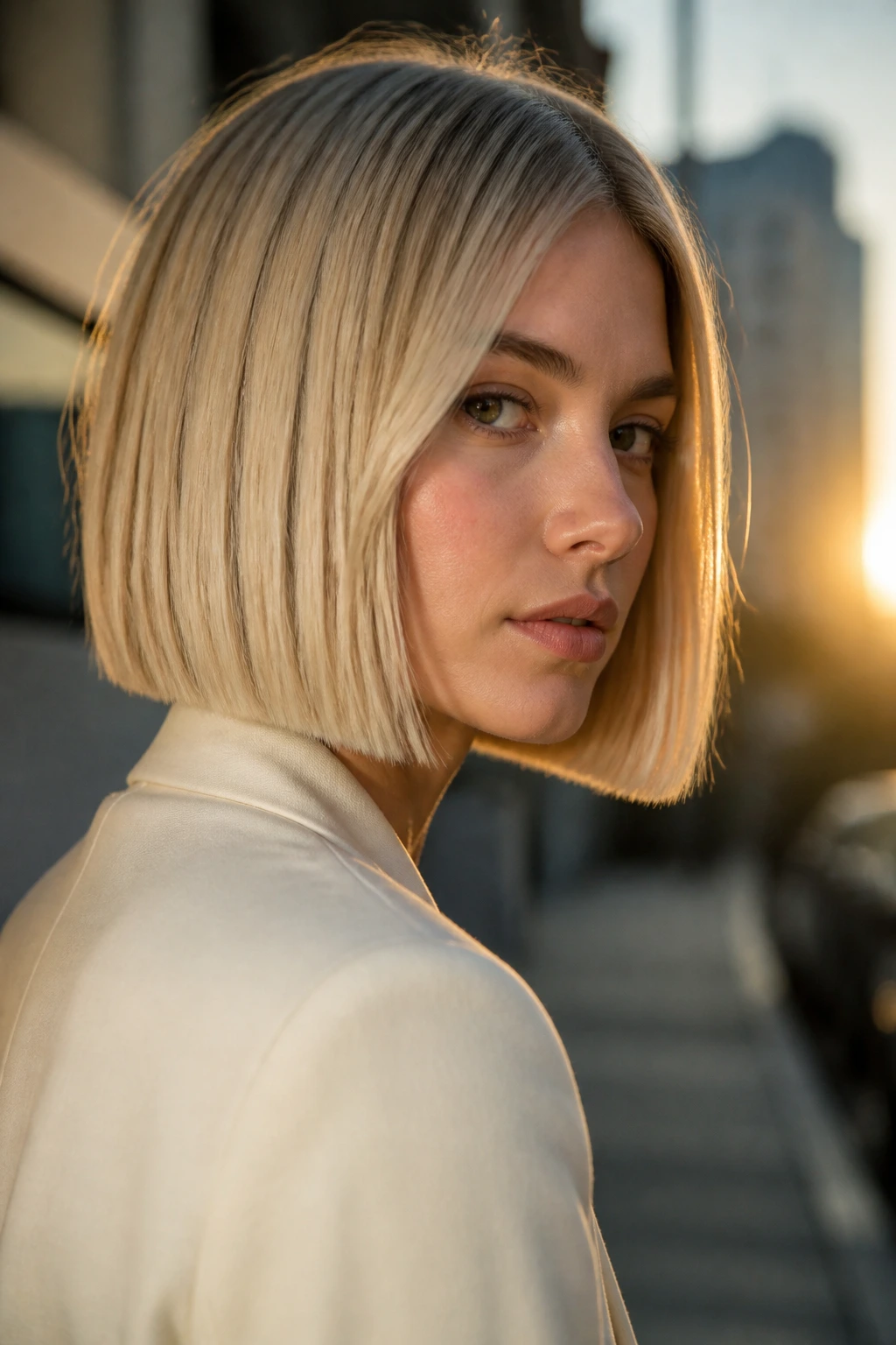 Close-up of a woman with a sharp blunt blonde bob outdoors in golden hour light
