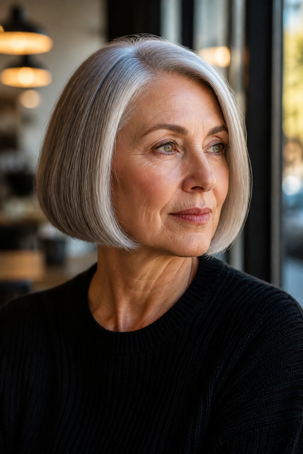 Close-up portrait of a real woman with a chin-length blunt bob in natural light