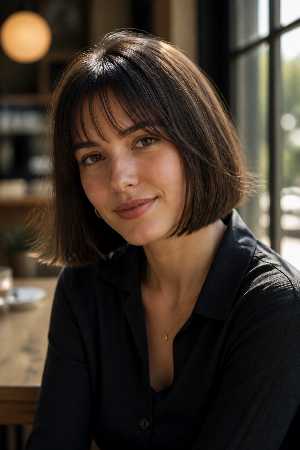 Portrait of a woman with blunt bob and airy edge bangs in cafe lighting
