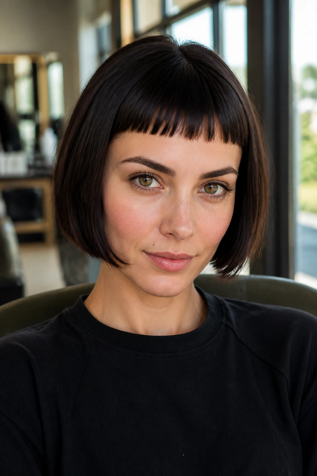 Close-up portrait of a real woman with a blunt bob and baby bangs