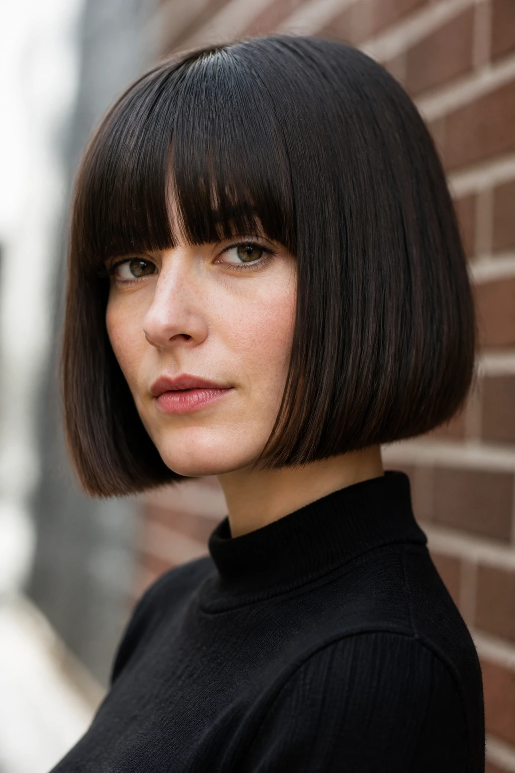 Portrait of a woman with blunt bob and full bangs.