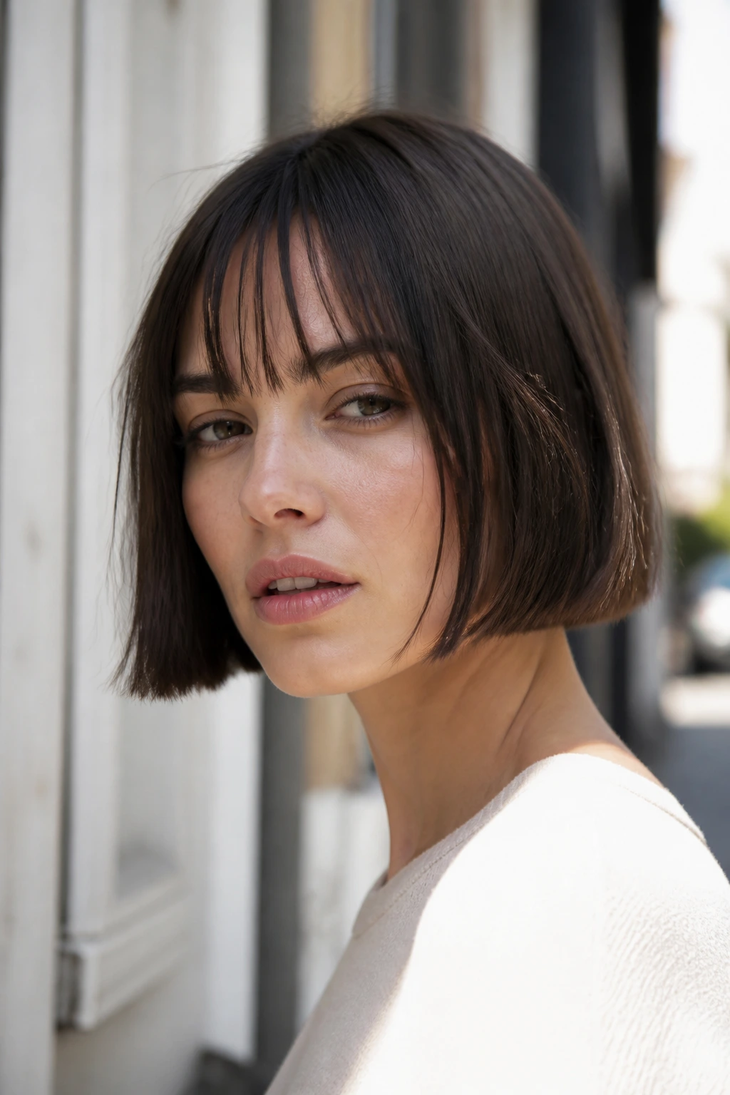 Portrait of a woman with blunt chin-length bob and piecey bangs.