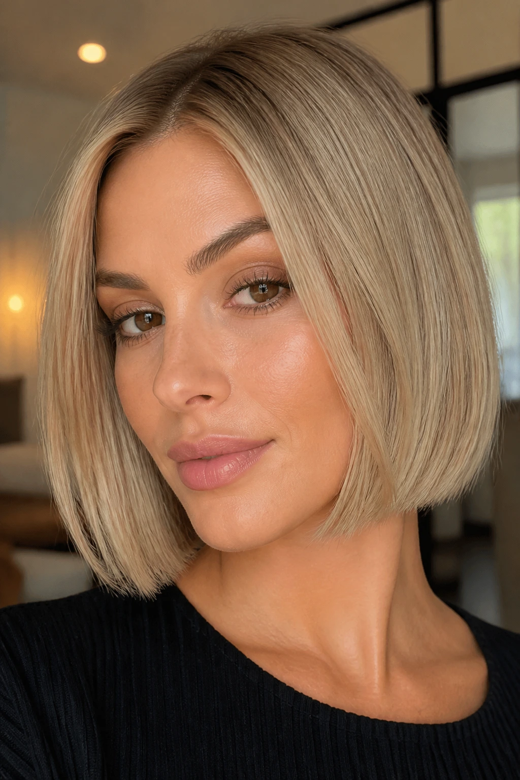 Close-up of a woman with soft beige blunt bob at chin length