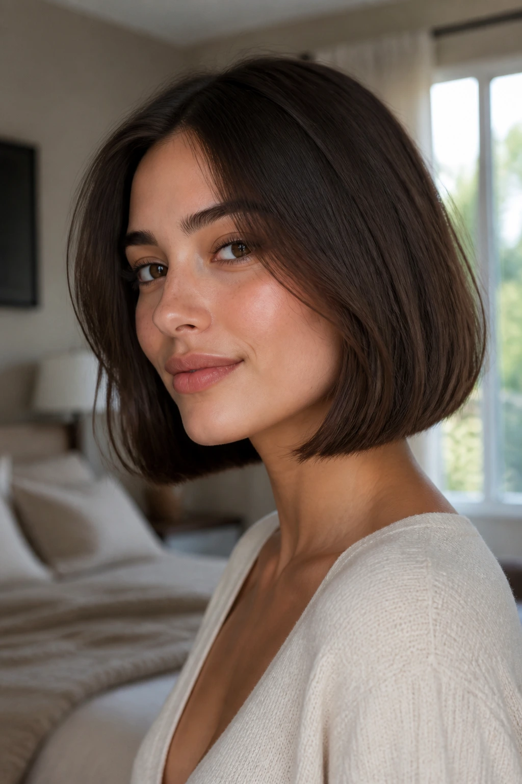 Close-up of real woman with blunt bob and subtle bevel in softly lit bedroom