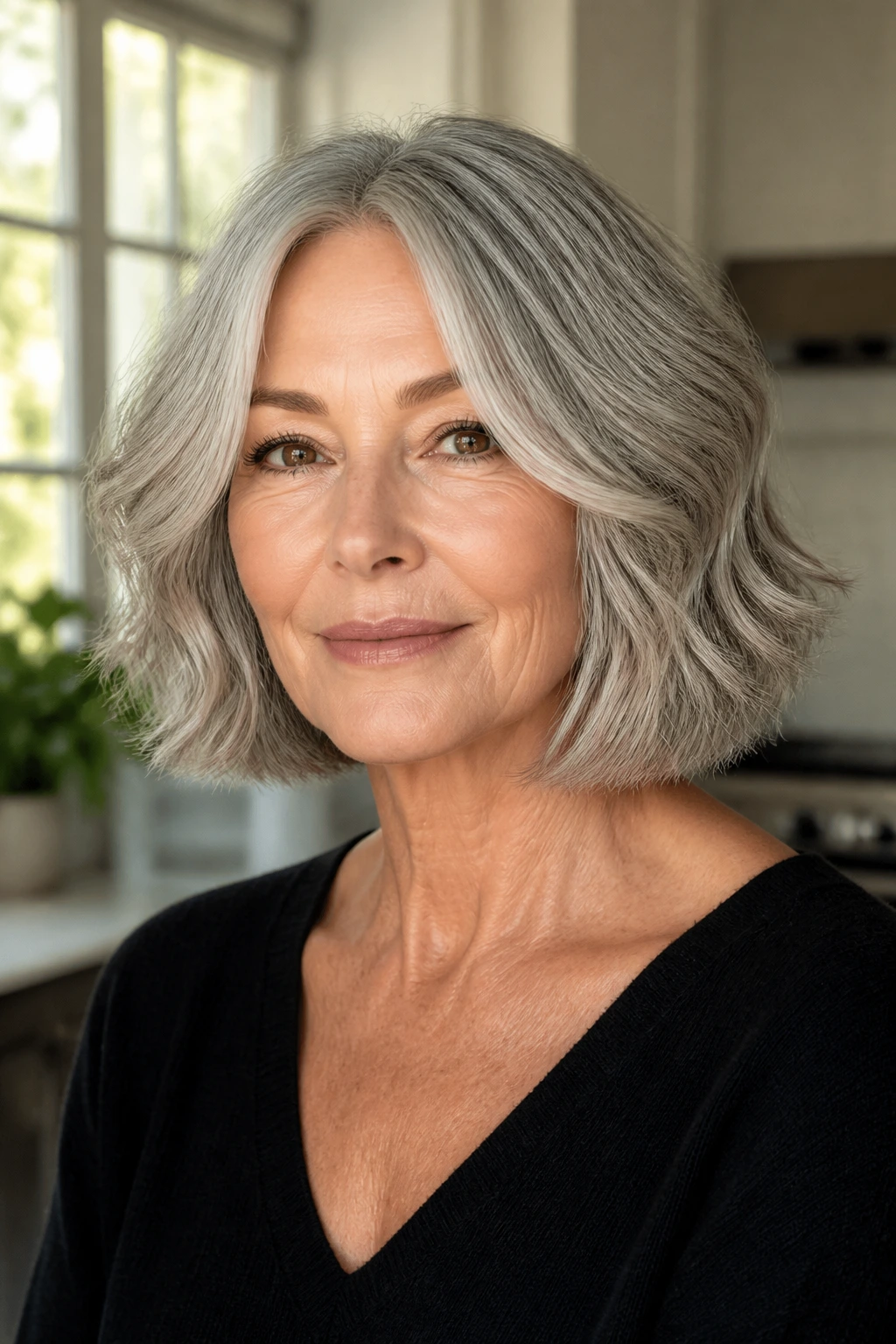 Close-up of a woman with a blunt bob and beveled ends