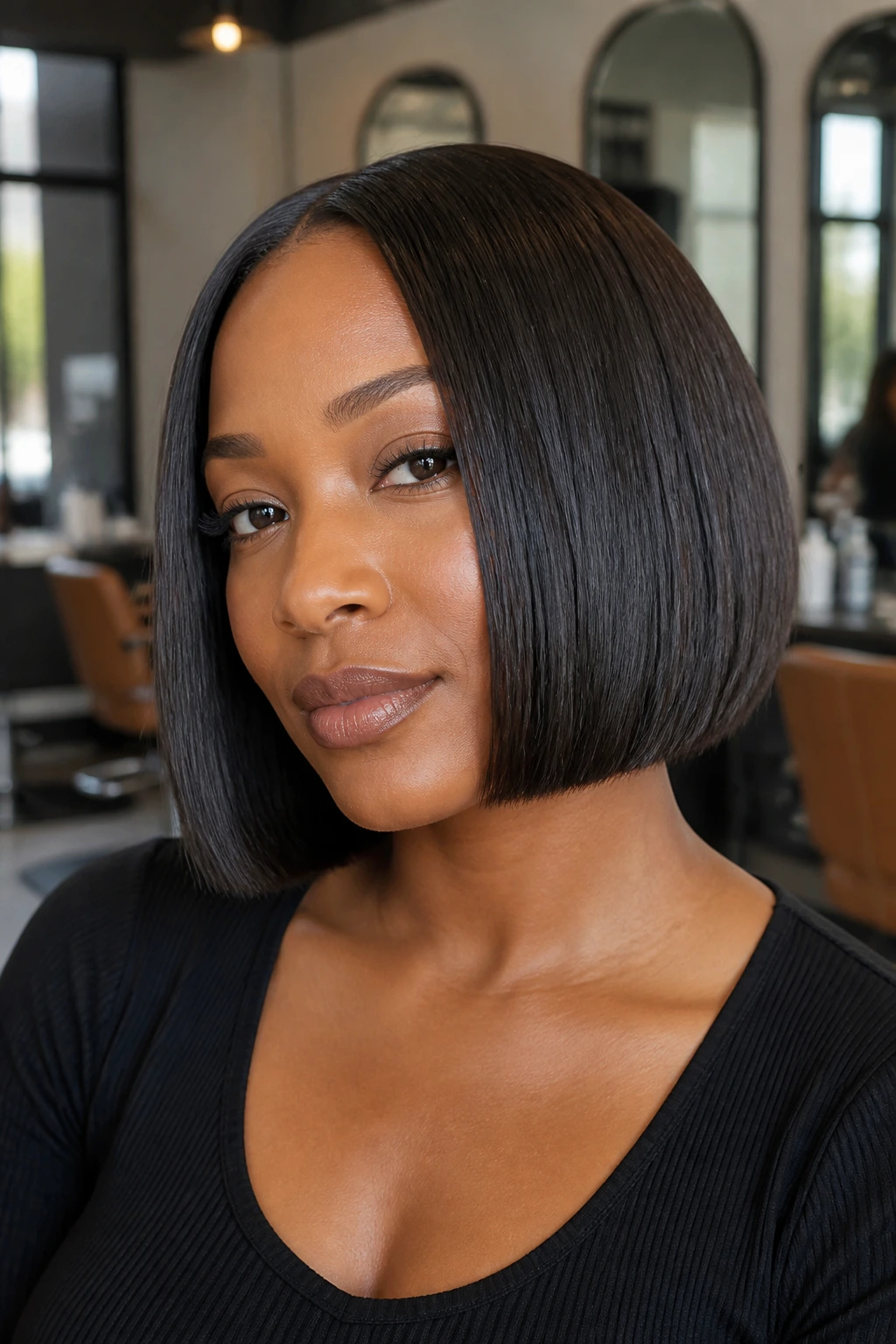 Portrait of a Black woman with a chin-length blunt bob and a crisp perimeter